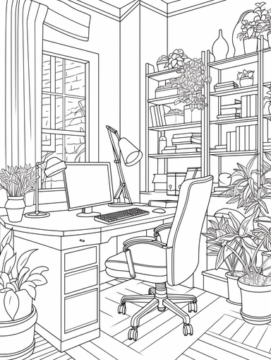 Draw a line art of a home office, featuring intricate details in the desk, computer, bookshelf, and office chair. coloring book line art, coloring page line art, black clipart for coloring page, simple and clean line art, illustration style,