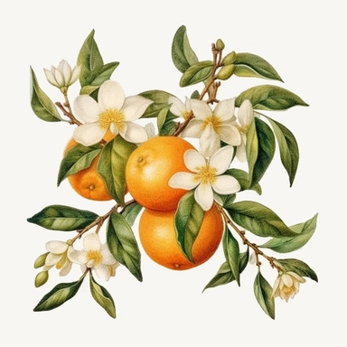 This highly detailed watercolor clipart features a captivating orange fruit surrounded by delicate leaves and blossoms in the background. The artwork exudes a serene and natural ambiance with its neutral color palette, presented against a clean white backdrop. The orange is meticulously rendered, showcasing its textured peel and vibrant hue, while the surrounding leaves and blossoms add a touch of botanical elegance. The watercolor technique adds depth and realism to the clipart, creating a visu
