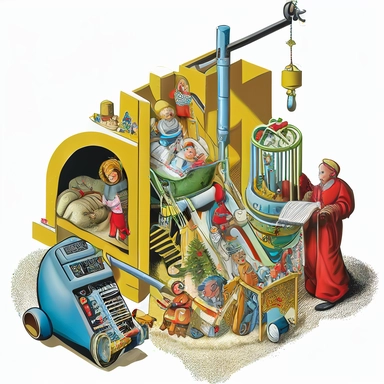 diagrammatic of a christmas crib including a vacuum cleaner and a big baby jesus, clipart, Hyper-detailed,