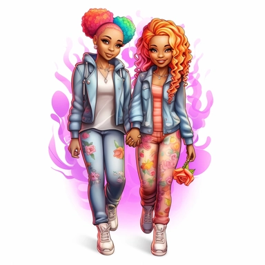 full body clipart of African American modern lesbian couple wearing rainbow clothes in Jasmine Becket-Griffith style, logo style, soft colors, clean edges, refined edges, stunning, captivating, contour, isolated white background