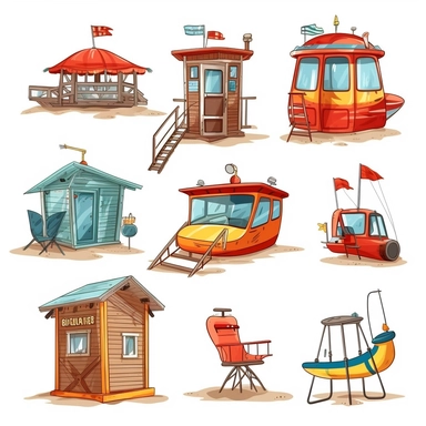atercolor beach lifesaver and lifeguard huts , illustrations clipart set, simple, , cartoon elements ,different variants , separate elements with a margin, wooden and plastic elements elemets, helicopter, lifesaver boat, jetski ,4k, high resolution
