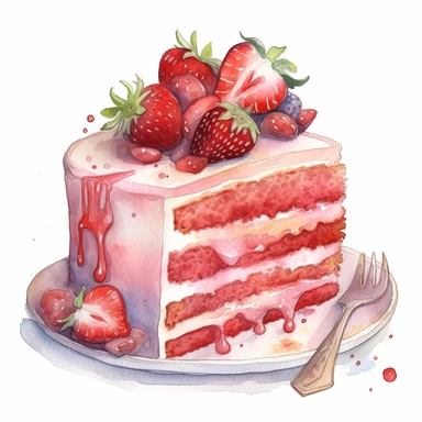 watercolour strawberry cake, clipart on white background, no watermark, highly detailed, professional color gradation, clean sharpness