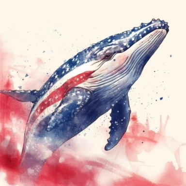 closeups shot, low angle, watercolor style, Humpback whale, patriotic pattern, Stars and Stripes, red, white, blue, hyper-realistic animal illustrations, 2d game art, quadratura, clipart, on white background,