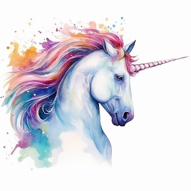 Craft a beautiful side - view illustration of a full body unicorn, employing a vibrant watercolor style. Medium: Render the image in a watercolor painting style, channeling the expressive, free - flowing techniques of artists like Mary Whyte. Style: The unicorn should appear graceful and dreamy, its side profile showcasing the gentle curve of its neck, the sweep of its mane, and the spiraling elegance of its horn. Lighting: Use the soft, diffused light of a fairytale dusk, casting subtle shadows