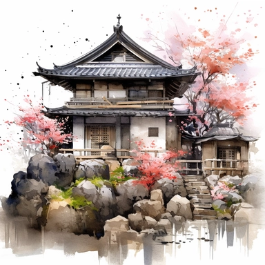 japanese architectural house clipart, water colour, spring, sakura, japanese ornamental flowers and seasonal flowers, rocks in front of house with dripping paint as shadows dull dark colour but serious tone full image no crop