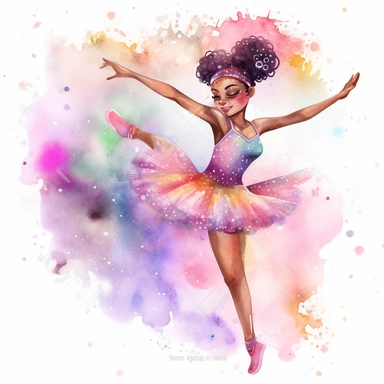 2d watercolor clipart kawaii, character of a beautiful adult african american ballerina with a long braid doing a grand pirouette, beautiful lights, colorful, and sparkling, magical, full body image, asymmetric, intricately rendered, generously detailed, intricately detailed,