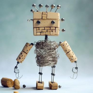 raw minimalist African toy made of corks, capsules, paper clips, wire, rubber bands, tickets, cardboard, cans, sticks, toothpicks, nuts, springs