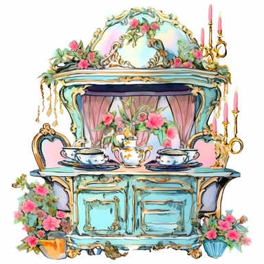 Make a clipart of a fairytale watercolor french country kitchen table, rococo, with bright pastel colors of turquoise and green, pink roses, gold accents, black outlines, hd, white background