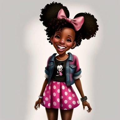 2d, beuatiful vibrant full body happy african american adult mickey mouse woman clipart, dark brown face, pink ears, cartoon realistic