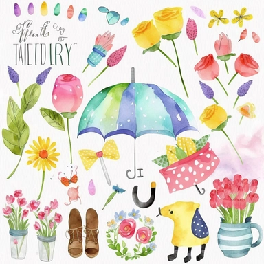 Please create a series of watercolor clipart illustrations featuring different items related to spring. Each illustration should be drawn in a charming and playful style that captures the beauty and vibrancy of the season. Items to include can be flowers, butterflies, birds, bees, rain boots, and umbrellas. Please use a coherent color palette that is bright and cheerful, but also soothing and calming. Colors that are associated with spring, such as greens, blues, pinks, and yellows, should be us