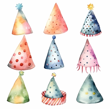 a watercolor clipart set with white background, birthday party hats--ar:3:4--q2--v5.1--s1000