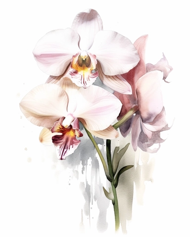 watercolor sketch of an orchid and white flower, Carnation pink and champagne pink, clipart, clean and simple design, realistic color scheme, high-contrast image, white background, long exposure style,