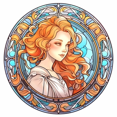 Vintage Cute Beautiful Round Stained Glass girl Sublimation Clipart, Cartoon, hyper realistic, intricate detail, illustration style, high solution, on the white background
