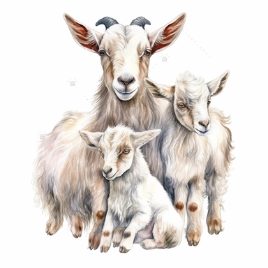 new born baby dwarf Nigerian goats with their mother, very detailed and realistic, watercolor, white background with margins, clipart style