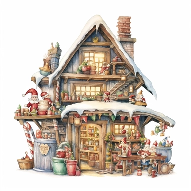 watercolor style, Santa's workshop: A depiction of Santa's magical workshop, bustling with elves, toys, and gift preparations. Clipart, isolated on white background, 4K