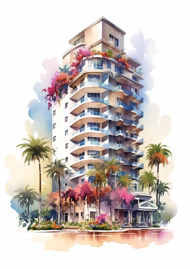ultra detailed watercolor hotel, isolated on white background, realistic, clipart