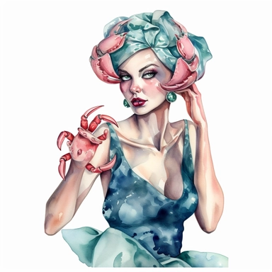 Hand drawn pin up dressed like cancer the crab, shades of blue green pink and red, glamorous, half body, very detailed and realistic, watercolor, white background with margins, clipart style