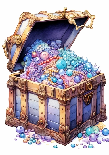 cute watercolor underwater treasure chest full of pearls clipart, full body, hd, on white background, spaced out