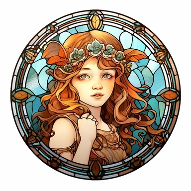Vintage Cute Beautiful Round Stained Glass girl Sublimation Clipart, Cartoon, hyper realistic, intricate detail, illustration style, high solution, on the white background