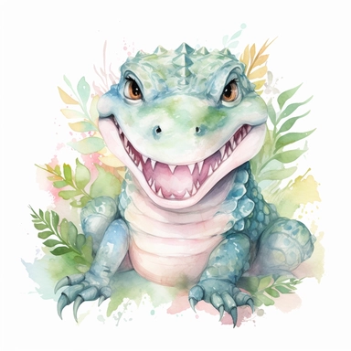 super cute newborn baby alligator clipart with huge cute blue eyes long fur smiling painted in watercolour style, splashes, pastel pink and sage green floral elements, white background 8k hd