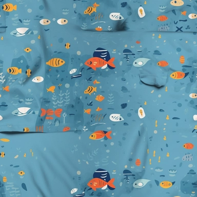 A delightful minimalistic pattern for a children's t-shirt design, showcasing an enchanting underwater scenery. Playful fishes, with their whimsical shapes, gracefully swim among delicate plants, while a curious diver embarks on an adventure beneath the waves. The design is characterized by a generous expanse of light blue background, evoking the vastness of the ocean. Created in a charming clipart style with clean lines and subtle shades of color, this t-shirt design offers a serene and visuall