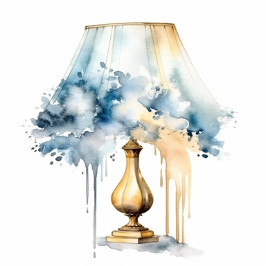 A delicate watercolor painting of chic powder blue, white, and gold three combo lampshade, office accessory arranged in an elegant composition, featuring soft and blended watercolor washes to create a harmonious and feminine aesthetic clipart PNG