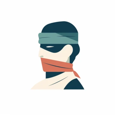 A minimal illustration of a blindfolded justice figure, flat colors, on a white background, clipart, thick lines.