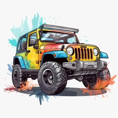 colorful, cartoon style jeep wrangler, clipart, white background