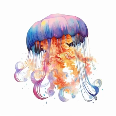 Whimsical Jellyfish, fantastical marine setting, clipart, watercolor style, white background