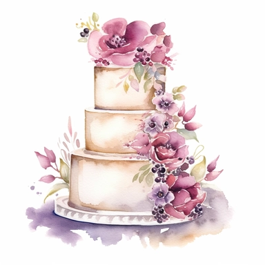 Create a stunning watercolor clipart featuring an exquisite and intricately designed wedding cake. Use a vibrant color palette to bring out the beauty and elegance of the cake. Incorporate delicate details, such as intricate lace patterns, cascading flowers, and ornate tiers. Apply gentle brushstrokes and blending techniques to achieve a soft and dreamy watercolor effect.