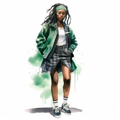 watercolor, black woman dressed up in harry potter slytherin clothing, green and black tennis shoes, style of james jean white background, clipart