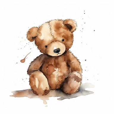 a minimal watercolor clipart of a brown teddy bear crying, white background