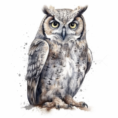 A Cute Happy Owl Sitting.Watercolor hyper-realistic detailed animal illustrations, elegant inking techniques, delicate markings, monochromatic paintings, free brushwork, watercolor illustrations, painted illustrations Clipart, White Background