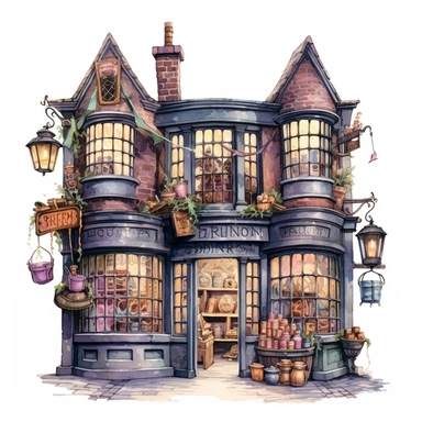a spooky magic shop decorated for Halloween , diagon alley from Harry Potter inspired, magical, Gouache, white background with margins, Clipart style