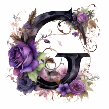 ultra beautiful Victorian vintage black alphabet letter G, decorated with goth black and purple roses, water colour illustration, clipart, white background