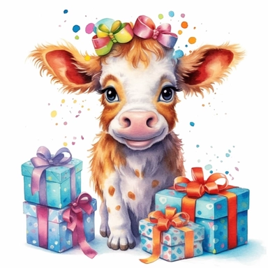 please create watercolor clipart of a baby cow, smiling, wearing party clothes with birthday presents, vibrant colors, intricate details, isolated on white background, vivid colors, hdr, 8k