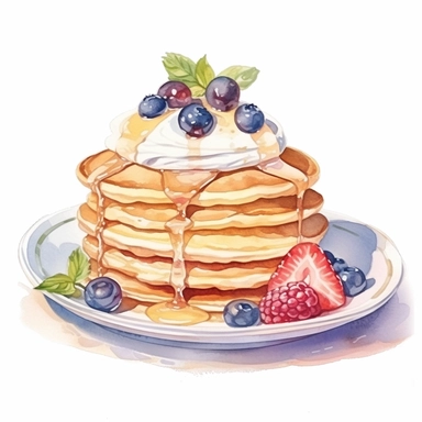 picturesque,bright luxury pancake on a cute pretty plate, 3-tier pancakes topped with Fresh cream and ice cream topping, icon clipart on white background, watercolor, detailing in pastel colors, high quality, painted by Beatrix Potter, 8k,