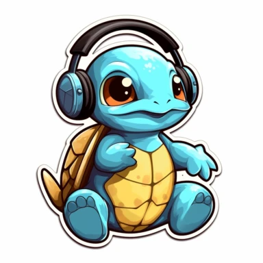 clip art Squirtle Pokémon, listening to classical music with Headphones, graphic novel style, sticker, vector, 2d flat art, white background, no outline, black border