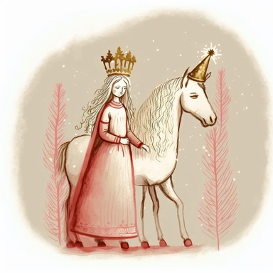 Santa Lucia, illustration, pastel chalk, cheerful, cartoon, Christmas trees, standing with a horse wearing a candle crown, clipart, white background