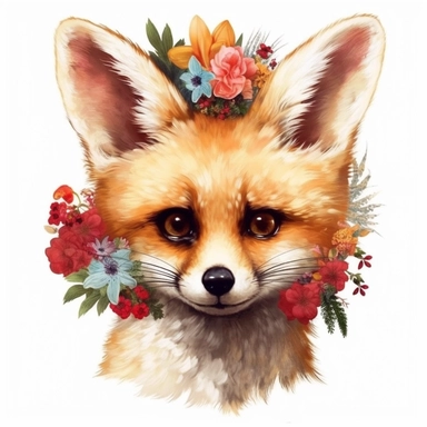 lashes, super lovely, nursery, close-up of an fennec foc, flower. The red panda has fluffy fur with black markings, large ears, and bright eyes. It is standing on top of a white background. vintage clothing hyper realistic 8k clipart