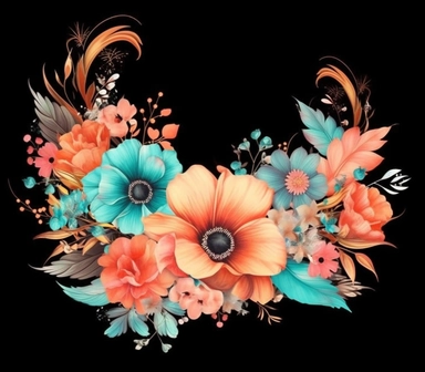 watercolor clipart of a empty suttle dainty floral no frame surrounded by turquoise color flowers and coral color flowers. Capture the essence of blooming beauty and intricate details in your artwork, black background
