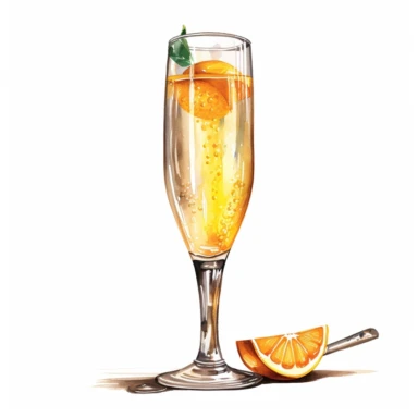hand drawn flute of orange juice and champagne, very detailed and realistic, watercolor, white background with margins, clipart style — uplight