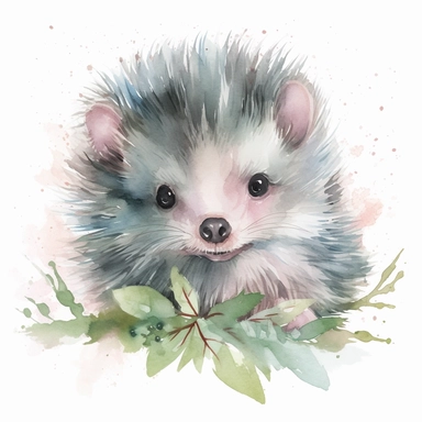 super cute newborn baby porcupine clipart with huge cute blue eyes long fur smiling painted in watercolour style, splashes, pastel pink and sage green floral elements, white background 8k hd