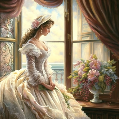 beautiful lady, very detailed, wearing beautiful dress, standing by large victorian window, looking out the window, beautiful romantic bouquet of flowers, beautiful crystal ornate vase, sitting on table with decorative tablecloth, infront of large victorian window with beautiful flowing curtaings, soft colors, crisp colors, ribbon, very detailed, fantasy, romantic, clipart style