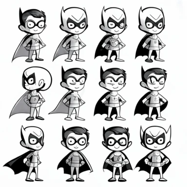 superhero clipart, black and white, white background, line drawing, no shading, multiple poses, cape, for kids, simple