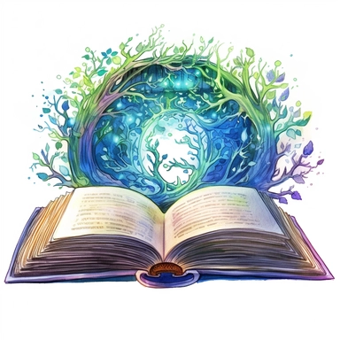 Solid white background, Detailed watercolor open ancient magic book that is encased in enchanted vines that form an alter for the open book to sit, greenblue northern lights glow from the book's pages, clipart. The visable pages of the book have sketched magic circles on them visibly