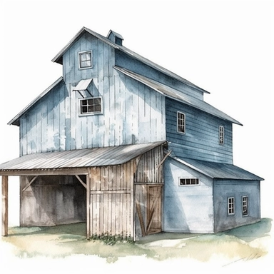 Farm barn clipart watercolor light blue on a white background, high quality, photorealistic highly detailed watercolor painting