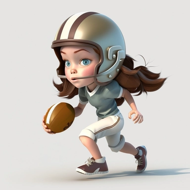 Adorable young girl playing american football, making a pass, passing, wearing a helmet, full body, smiling, american football, Sport graphics, action clipart, 16k, isolated on white background, 3d, rendered by pixar