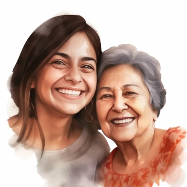 smiling old hispanic mom and adult hispanic daughter with watercolor effect, realistic faces, mothers day, suitable for digital clipart, magic scene, white background