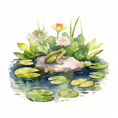 Watercolor Lily Pond Clipart - springtime cute lily pad and frog pond, clipart, white background